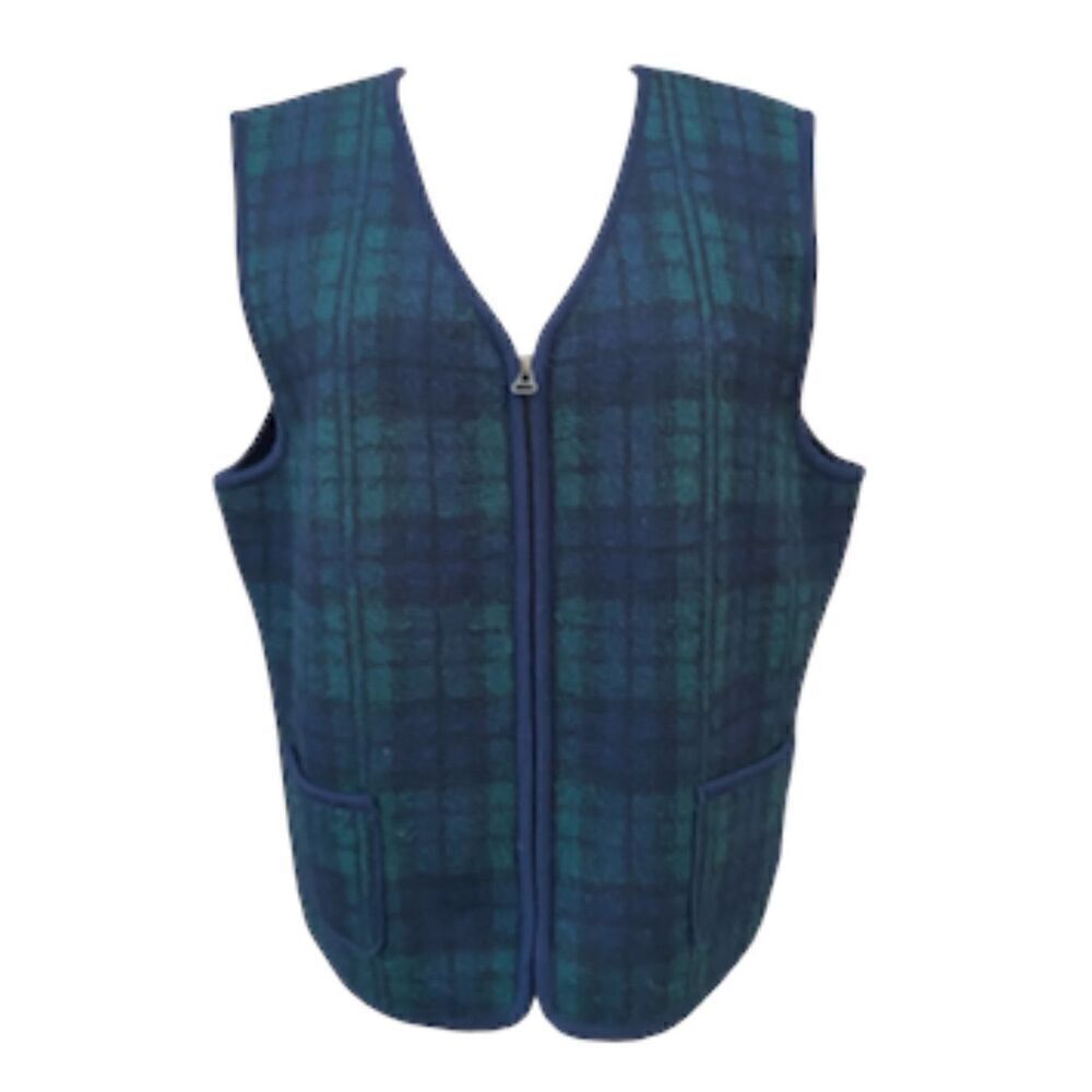 Requirements Wool Full Zip Vest Navy Blue/Green Plaid Sz. XL Preppy Classic Acad